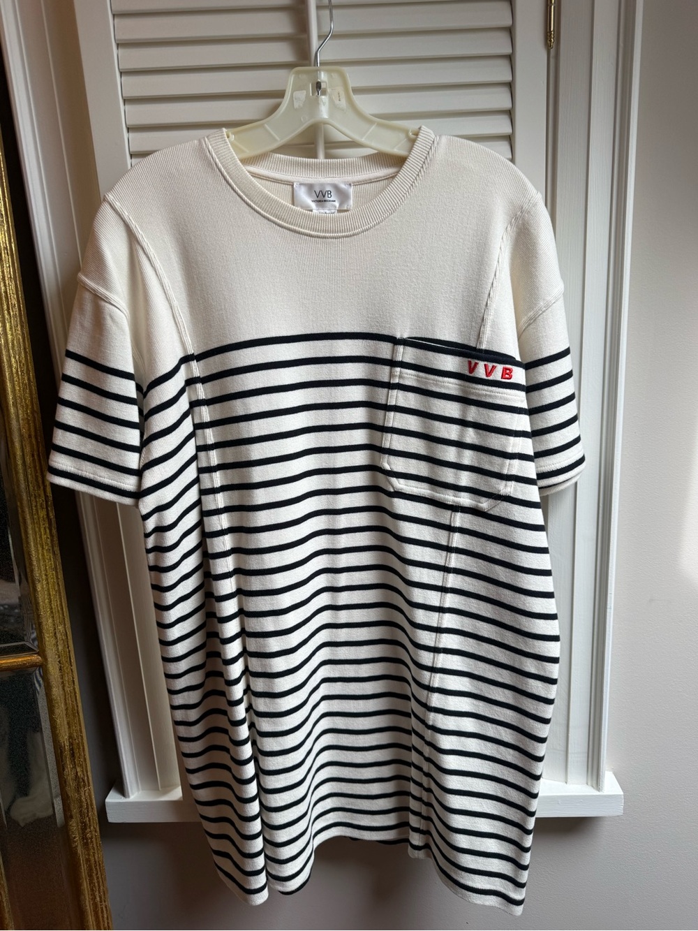 Victoria Beckham White and Black Striped Pocket Tee